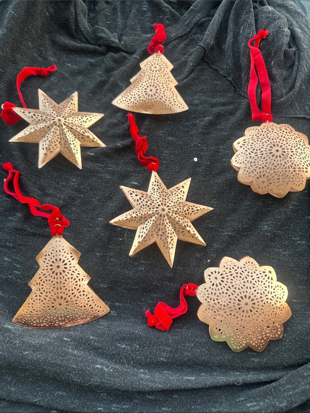 Decorative cooper vintage  Holiday Ornaments with Red Velvet Hangs - Set of 6